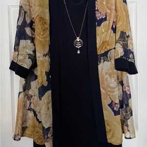 R&M Richards Navy Dress with Gold Floral Overlay